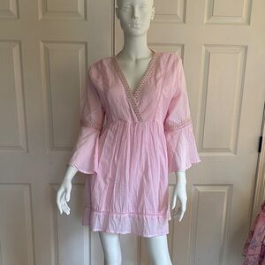 Light Pink V-Neck Mini Dress with Embroidered Trim